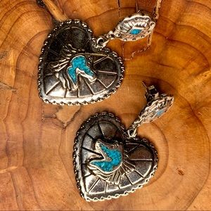 Vintage Western Real Silver & Turquoise Inlay Horse Heart Earrings